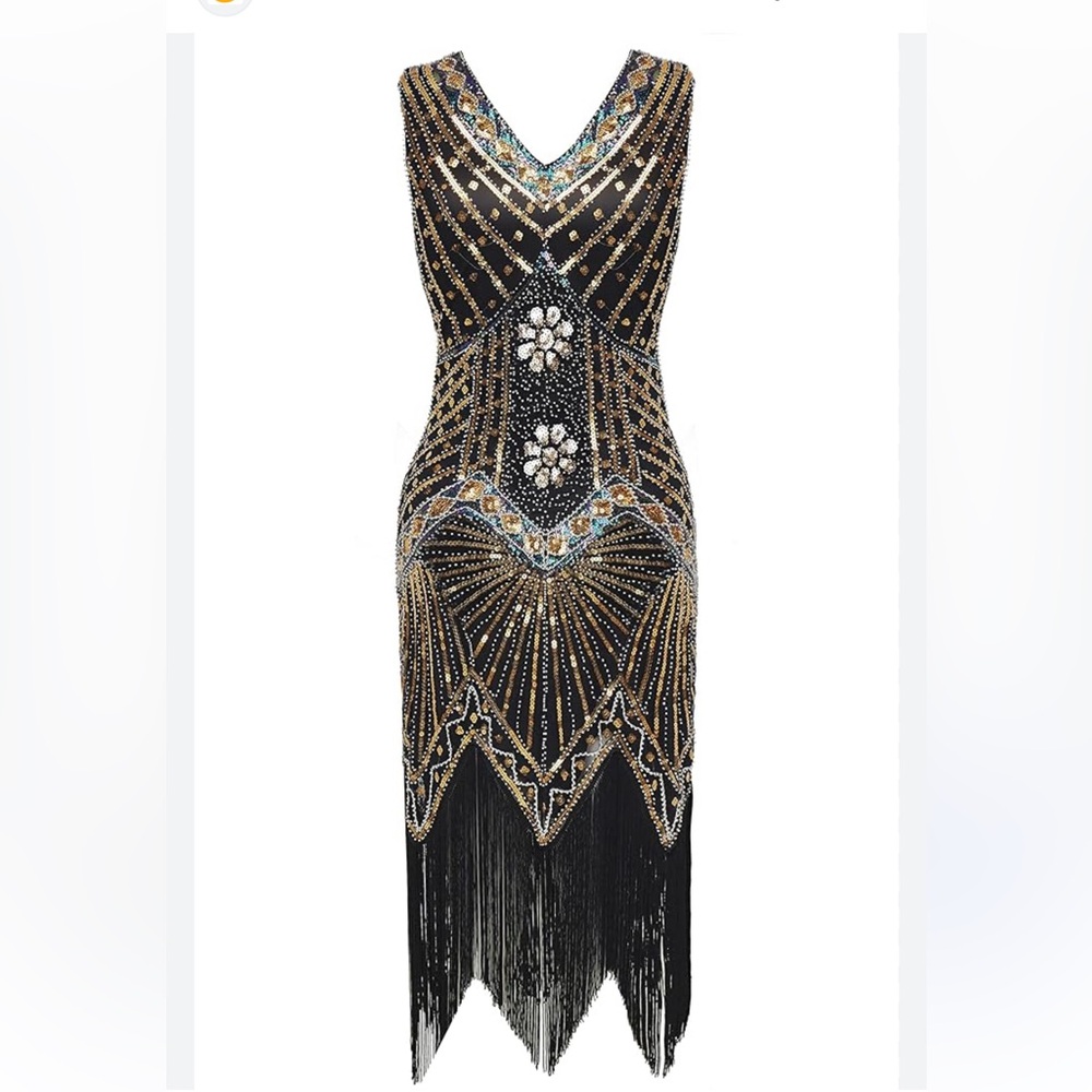 Babeyond Beaded and Fringed Black and Gold Sleeveless  Dress 🆕